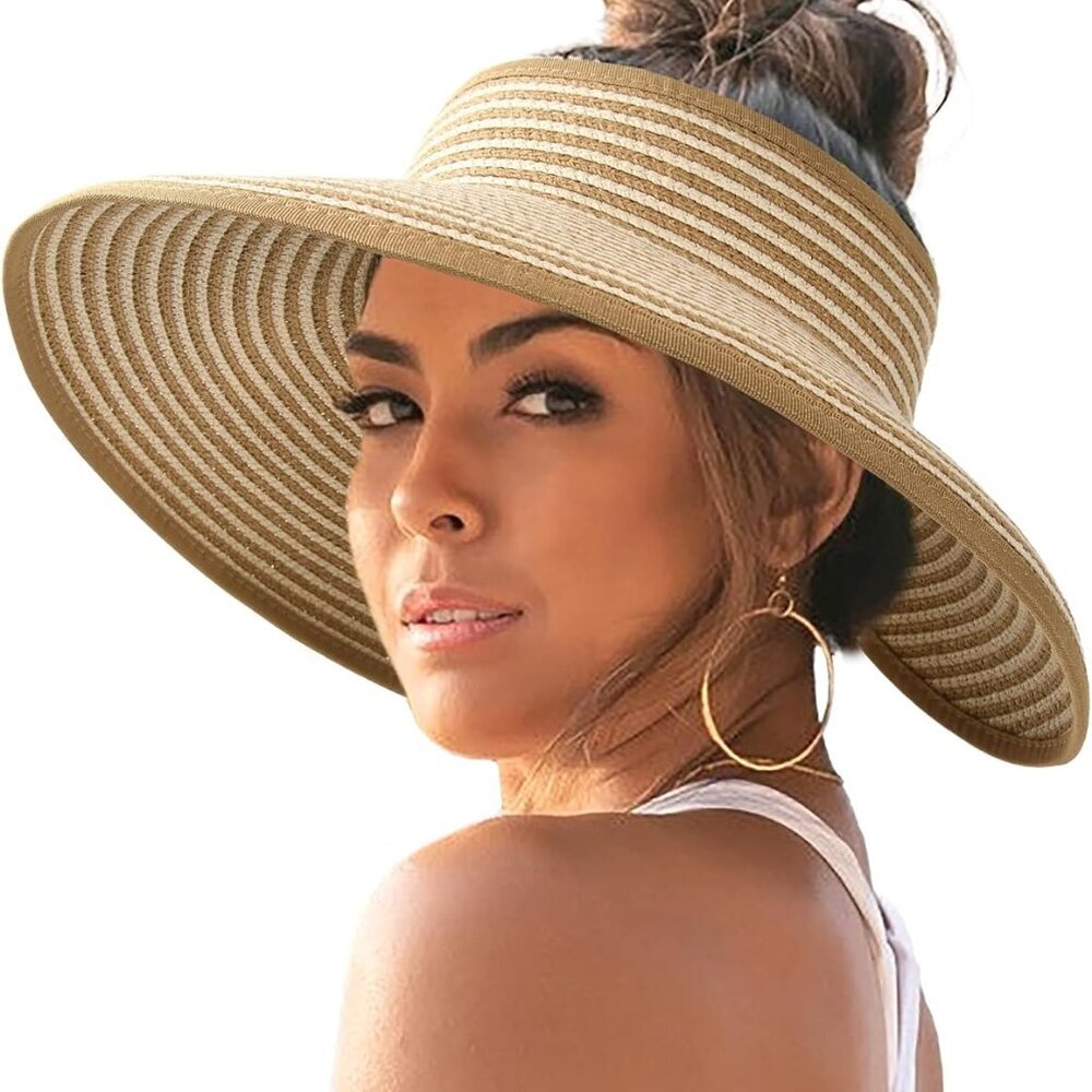 Sun Hats for Women Wide Brim Beach Hat Straw Visor Ponytail Summer UV Packable F